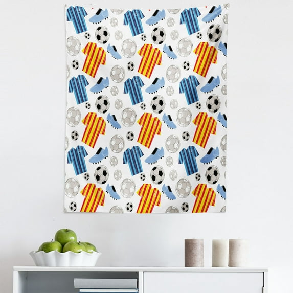 Soccer Tapestry, Sports Clothes Professional Player Athlete Shoes Hand Drawn Style League Match Game, Fabric Wall Hanging Decor for Bedroom Living Room Dorm, 5 Sizes, Multicolor, by Ambesonne