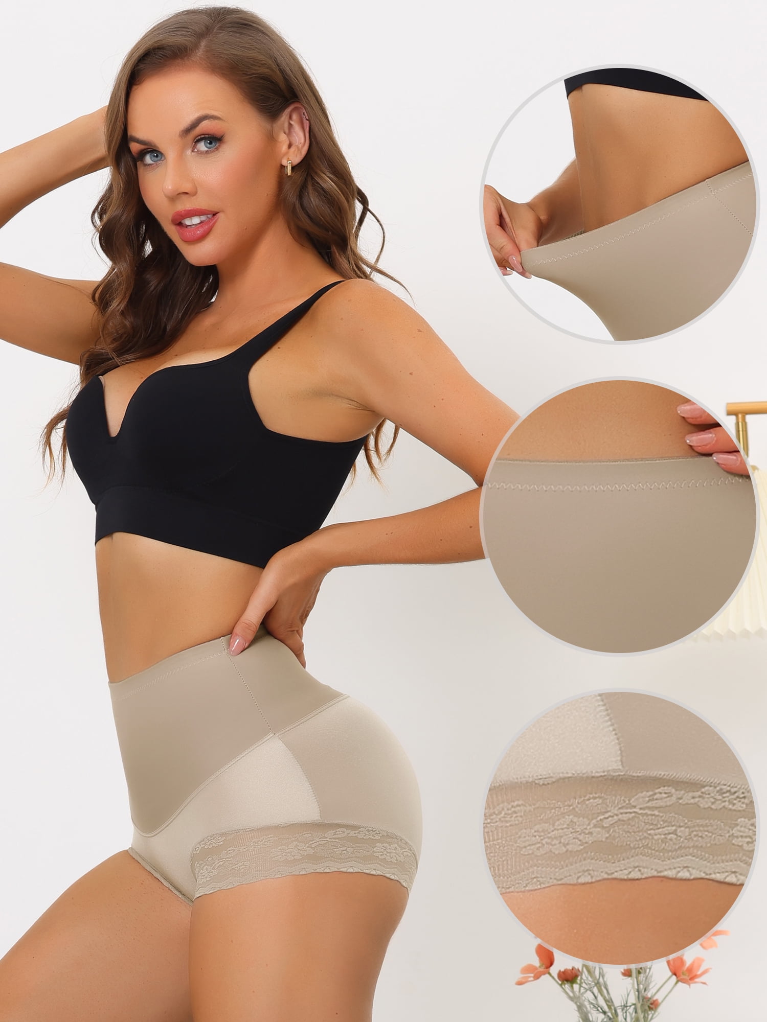 DARING DIVA Women's High Waisted Lace Brief Shapewear Tummy Panty Bodyshaper L Light Brown