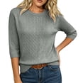 thumbnail image 6 of WULMLEO Women's Cable Knit Sweaters Crewneck Three Quarter Sleeve Soft Pullover Tops Gray L, 6 of 6