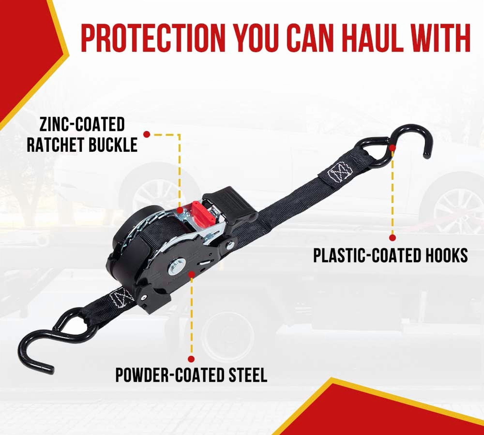 4 Auto Retract NO-RATCHETING Ratchet Straps | 1" x 12' Retractable Ratchet Straps with Coated S Hook Tiedowns for Motorcycles, ATVs, Bikes: Tight & Secure Pickup Trailer Tie-Down