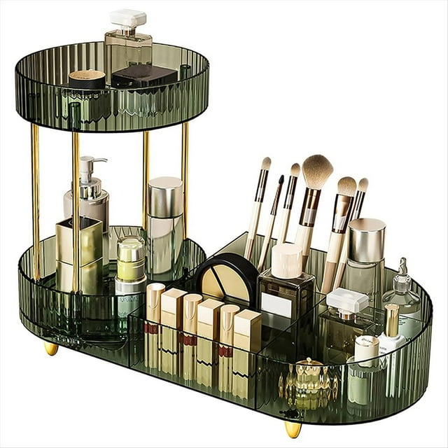 Organizador de Maquillaje Giratorio para Tocador, Organizador de 2 Niveles para Perfumes, Cosméticos y Cuidado de la Piel con Soporte para Brochas de Maquillaje, Color Verde.