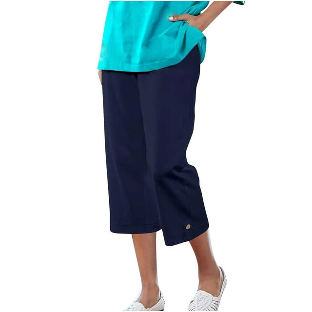 FAIWAD Linen Pants Women Summer Drawstring Workout Capris Elastic Waist Quick Dry Lightweight Cropped Trousers with Pockets