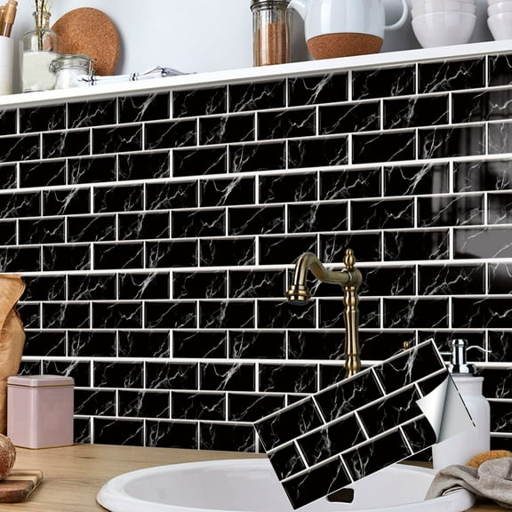 12 Pcs Self Adhesive Tile Stickers Kitchen Backsplash 12" x 6" Black Gray Marble Pattern DIY Decals Waterproof Peel and Stick Tiles