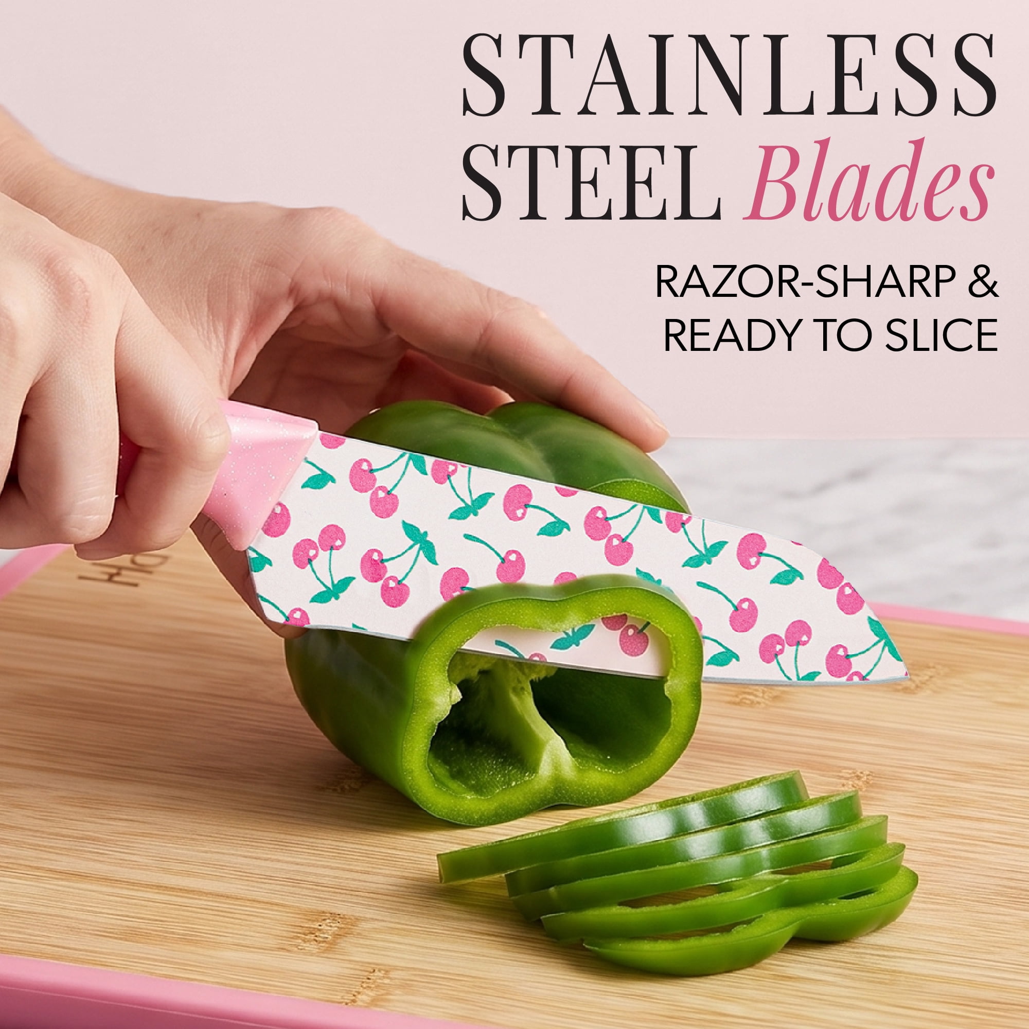 Paris Hilton 6-Piece Cutlery Set with 11 x 14 Inch Dual-Sided Bamboo Cutting Board, Stainless Steel Blades with Cherry Design, Blade Guards, Pink