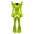 thumbnail image 3 of Moggemol Womens 70s Rave Outfits Shiny Metallic Bell Bottom Alien Jumpsuit Fluorescent Green L, 3 of 4