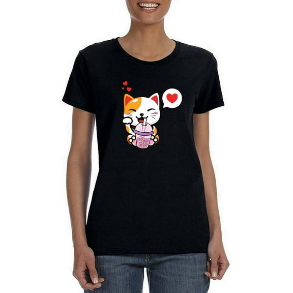 Cute Kitten With Tea T-Shirt Women -Smartprints Designs, Female Medium