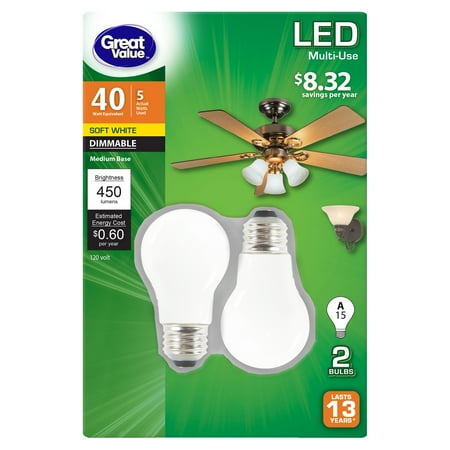 

Great Value LED Light Bulb 5 Watts (40W Eqv.) A15 Ceiling Fan Frosted Lamp E26 Base Dimmable 2-Pack Soft White