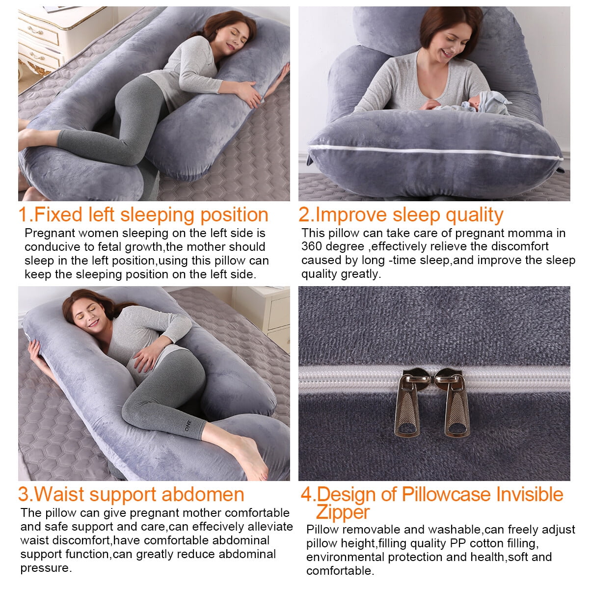 TOPCHANCES Pregnancy Pillow, J Shaped Full Body Soft Maternity Pillow with Removable Velvet Cover, 27*57inch, Dark Gray