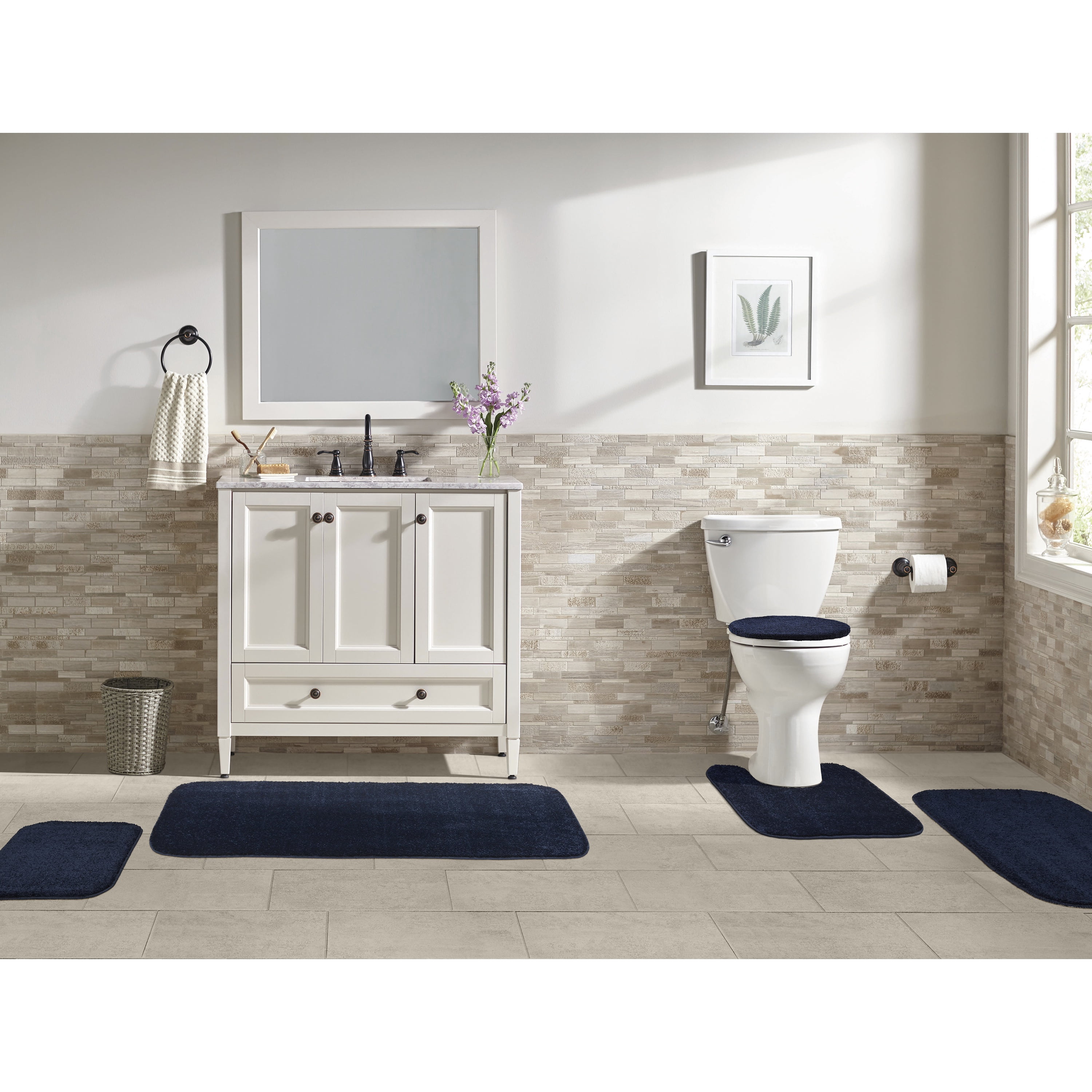 Garland Rug Gramercy Washable Bath Rug Set, 5 Piece (2 Bath Rugs, Contour, Lid Cover, & Runner Rug) Navy