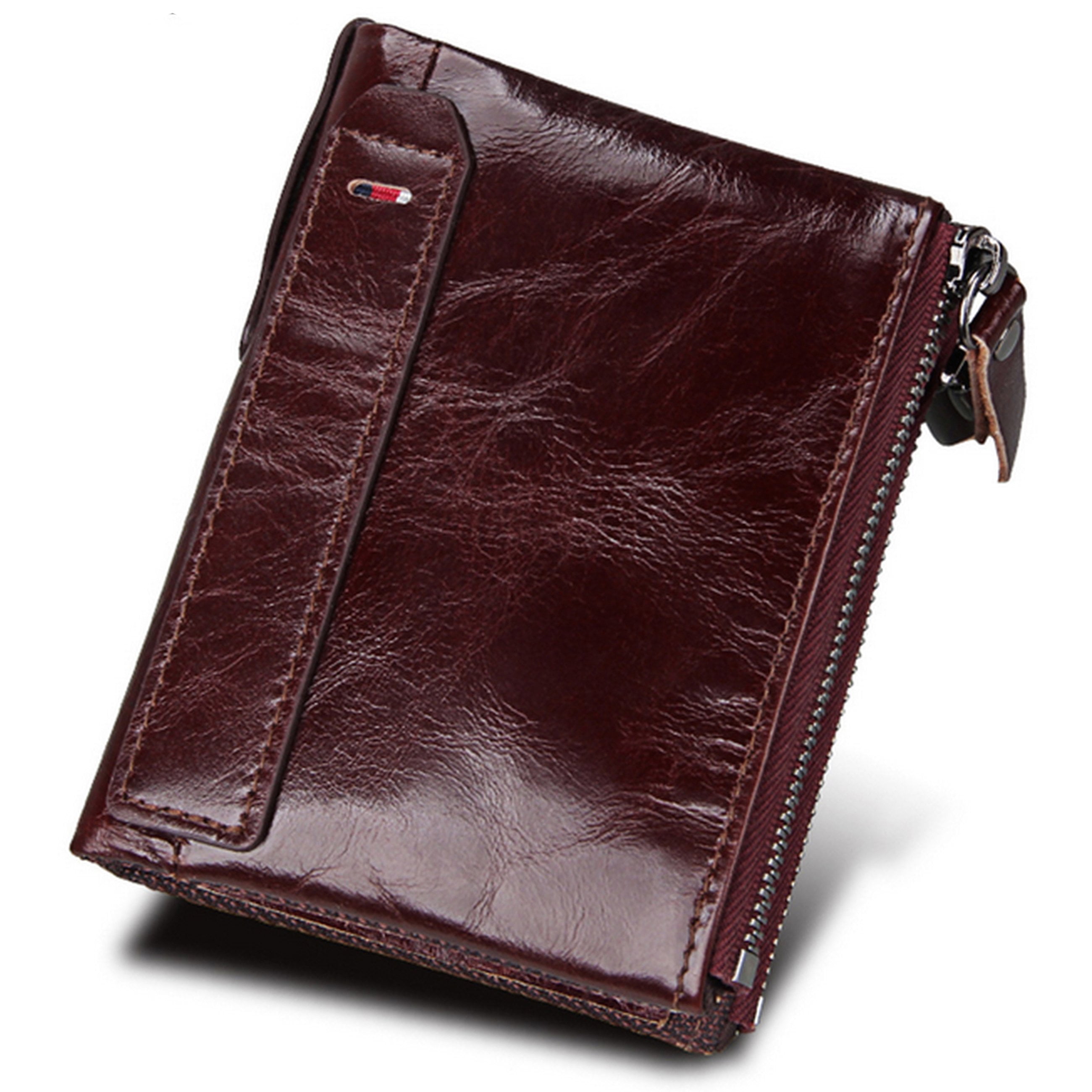 Men's RFID Blocking ID Window Zipper Pocket Leather Bifold Wallet