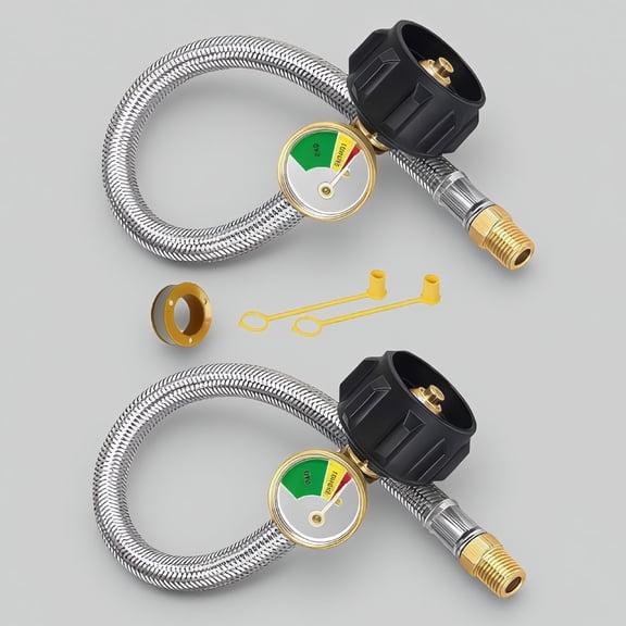 SWOEBTH 2-Pack 18 Inch RV Propane Hose with Gauge, Stainless Steel Braided, 1/4" NPT & QCC1 for Two-Stage Regulator, Camping, BBQ