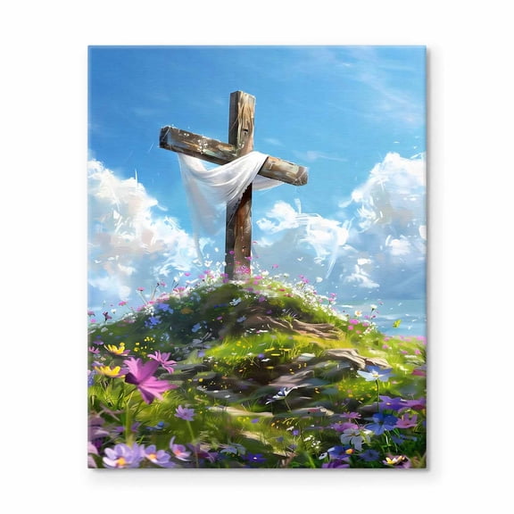 P&L Art Framed Canvas Wall Art - 20"x24" Hopeful Resurrection Cross (White Cloth & Flower Meadow) Print - Dining Room Family Worship Decor