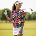 thumbnail image 4 of Uorisanigo Hawaiian Flower Womens 3/4 Sleeve Golf Shirts Size L Comfortable Polyester Spandex Fabric Athletic Polo Workout Tops Soft Versatile Quick Dry Zip Up Collar Tennis Tops, 4 of 7
