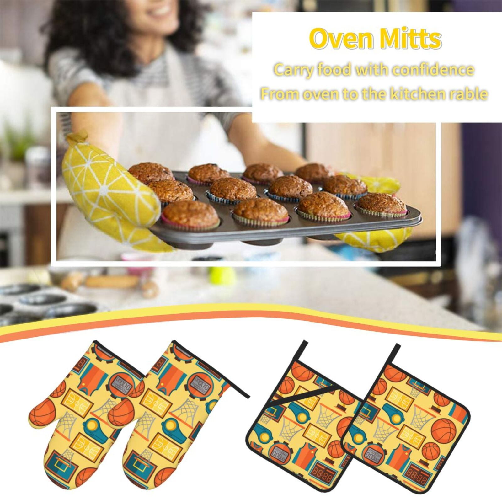 Sports Pattern With Basketball 4Pcs Oven Mitts and Pot Holders Sets Oven Kitchen Gloves Hot Pads for Cooking BBQ Baking Grilling