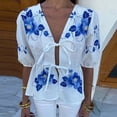 thumbnail image 4 of KBZDBZC Blouses for Women Front Tie Tops for Women Peplum Bow Top Puff Sleeve Tops Spring Half Sleeve Cute Going Out Tops T Shirts Women Women Blouses Womens Tops (Blue,S), 4 of 5
