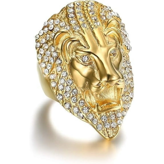 NEGS 18K Gold Plated Roaring Lion King Stainless Steel Hip Hop Rock Punk Biker Leo Viking Animal Ring for Men