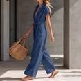 thumbnail image 4 of Women's Resort Jumpsuit, Casual Loose Wide Leg With Zip-Up Front & Stand Collar, Short Sleeve Vacation One-Piece With Belt Blue S, 4 of 5