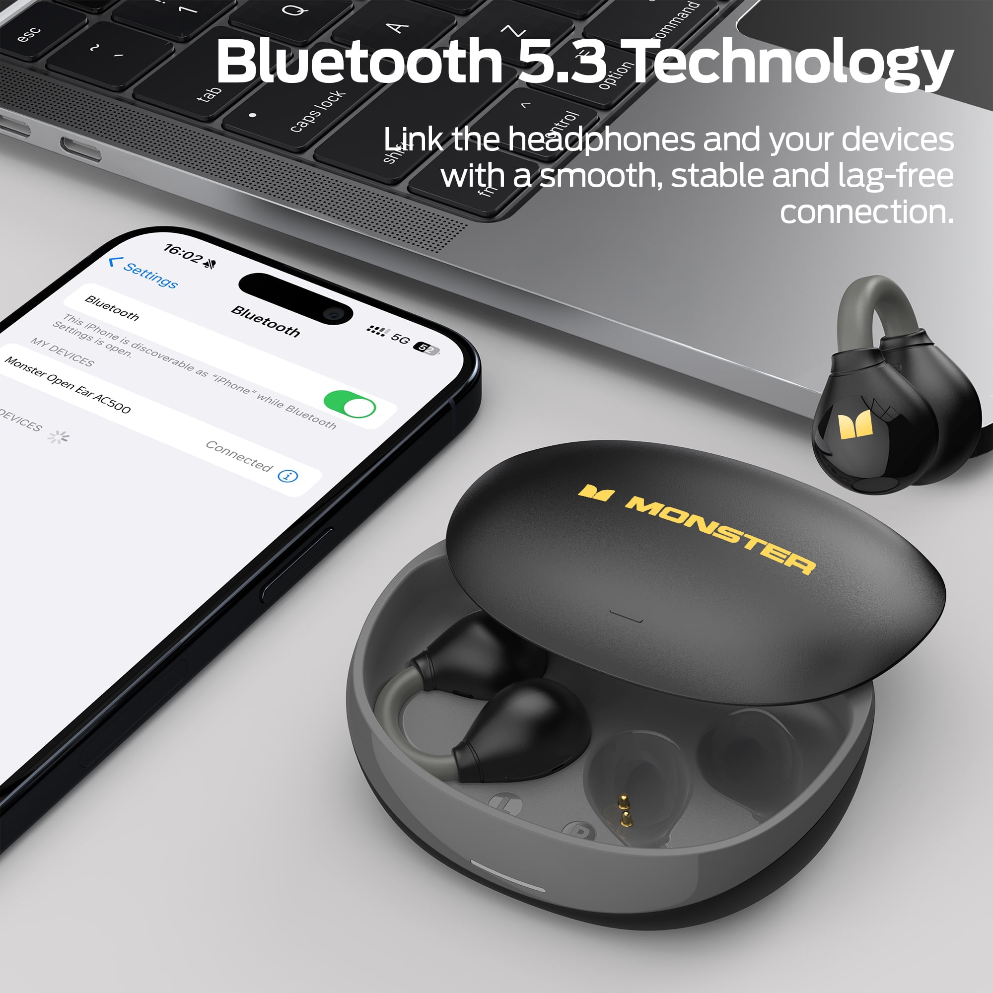 Monster Open Ear Headphones, Bluetooth Earbuds, HiFi high sound quality, ENC noise canceling, Clip On Earbuds for Running, Walking, Workout (Black)