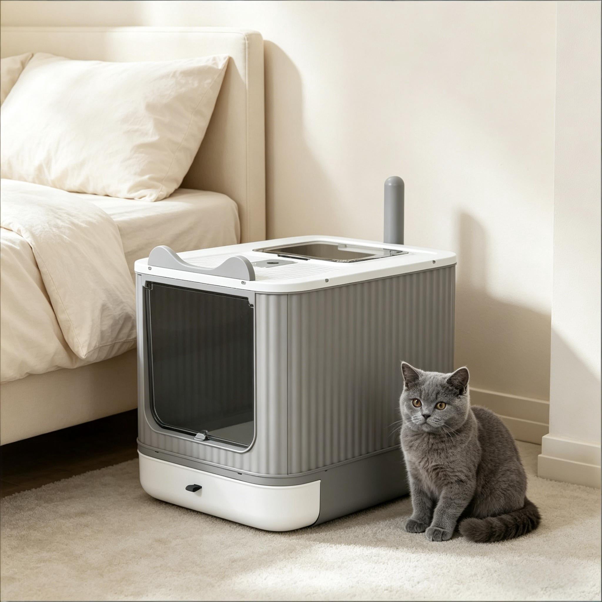 Enclosed Cat Litter Box with Slide-Out Tray for Small-Medium Cats, Top-Exit Design, Odor Control, Includes Scoop & Charcoal Packs, White