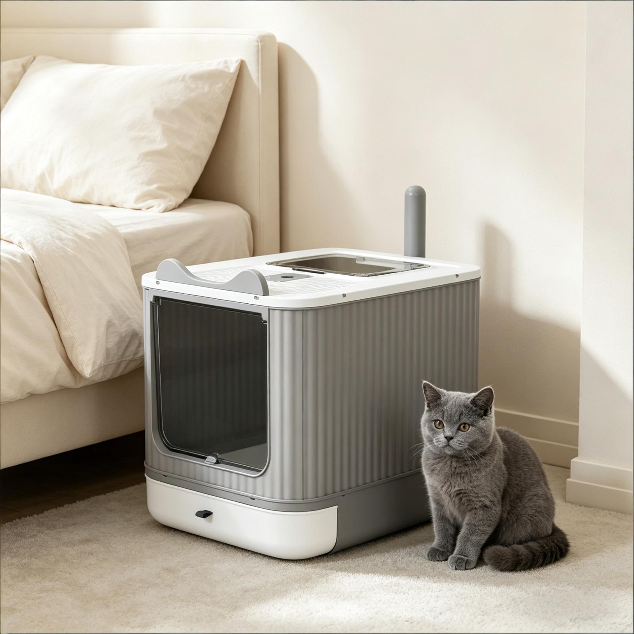 AsterOutdoor Enclosed Cat Litter Box With Slide-Out Tray, Gray photo 4