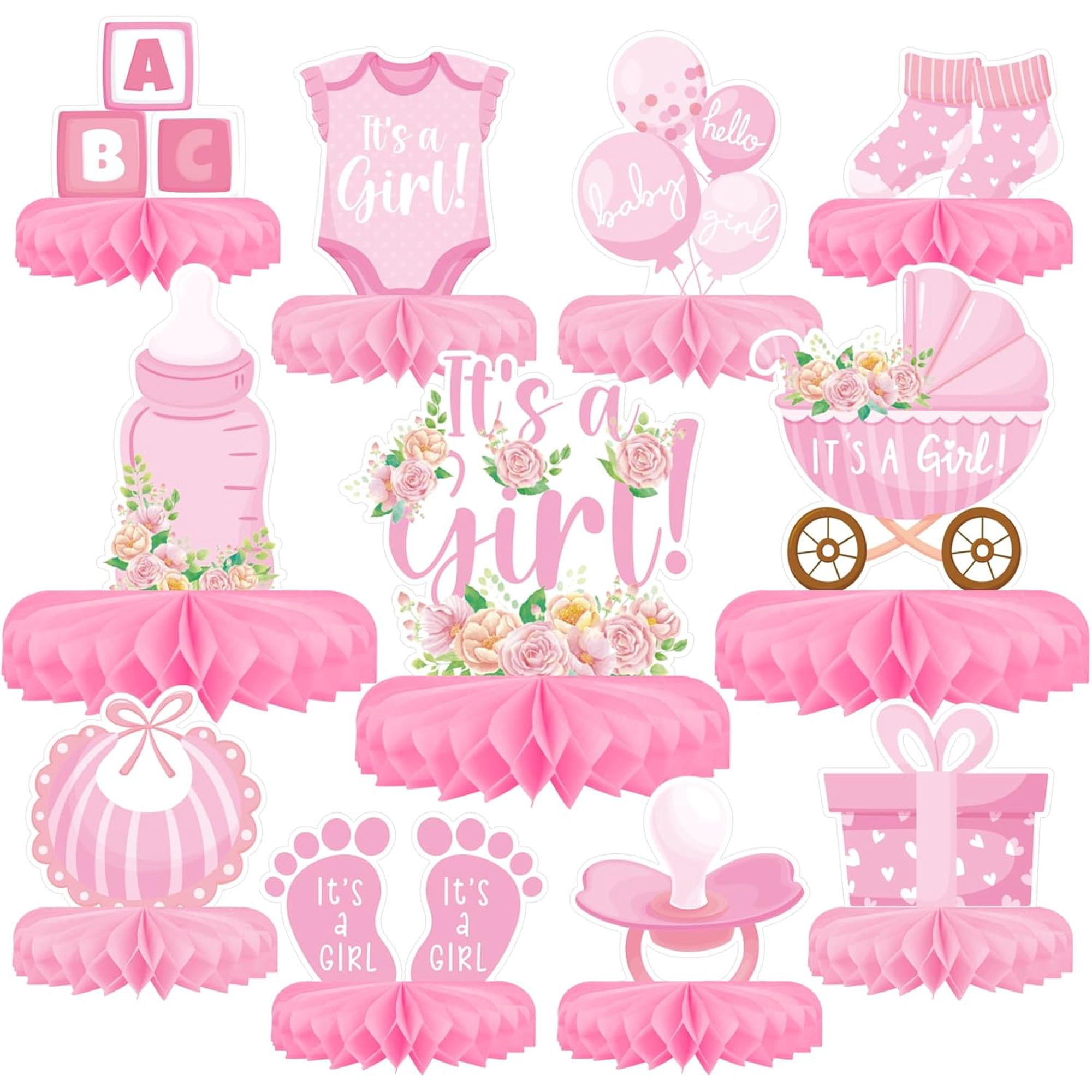 Girl Baby Shower Decorations Set - Kit with Pink Honeycomb Centerpiece Baby Reveal & Themed Table Decor for the Baby Girl Shower Decorations