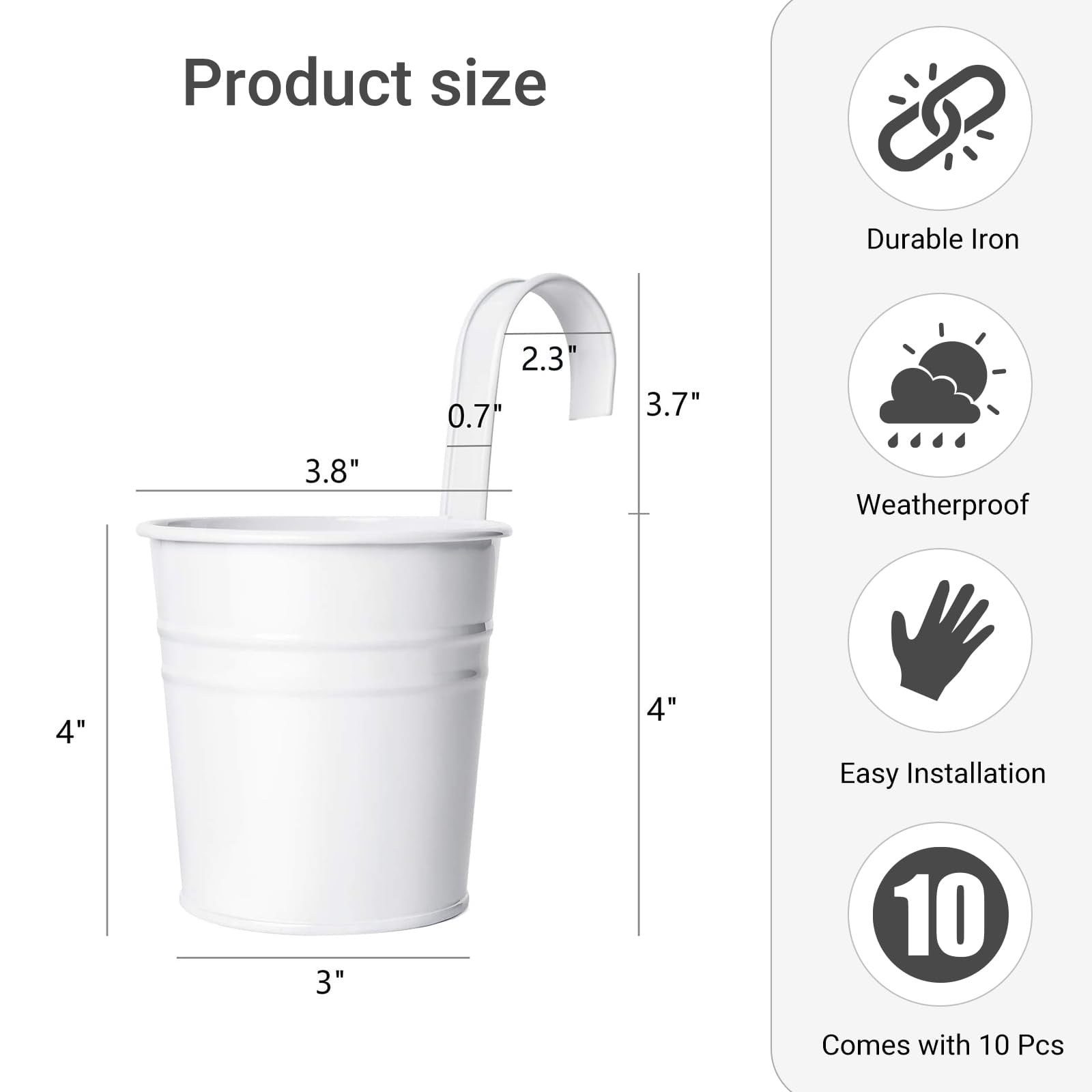 10 Pcs Hanging Flower Pots Metal Iron Bucket Planter for Railing Fence Balcony Garden Home Decoration Flower Holders with Detachable Hooks, White, 4 inches