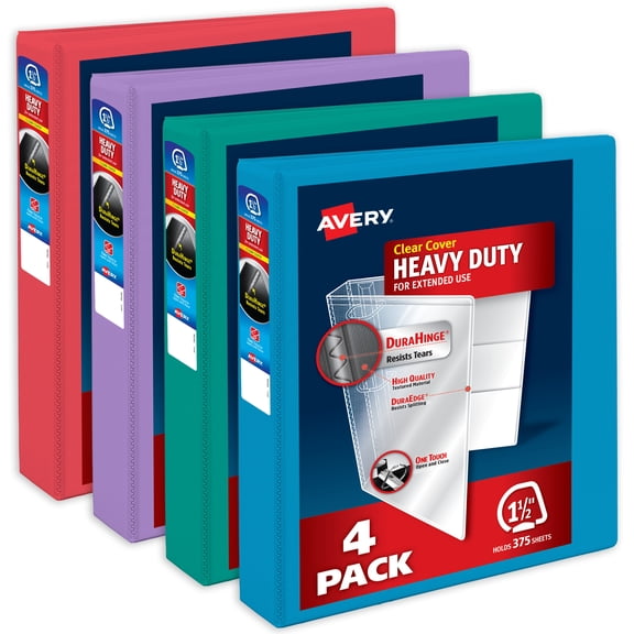 Avery Heavy-Duty View 3 Ring Binders, 1.5 inch One Touch Slant Rings, 375-Sheet Capacity, DuraHinge, 2.1 inch Wide Spine, Customizable Clear Cover and Spine, Assorted Bright Colors (4-Pack of 79633)