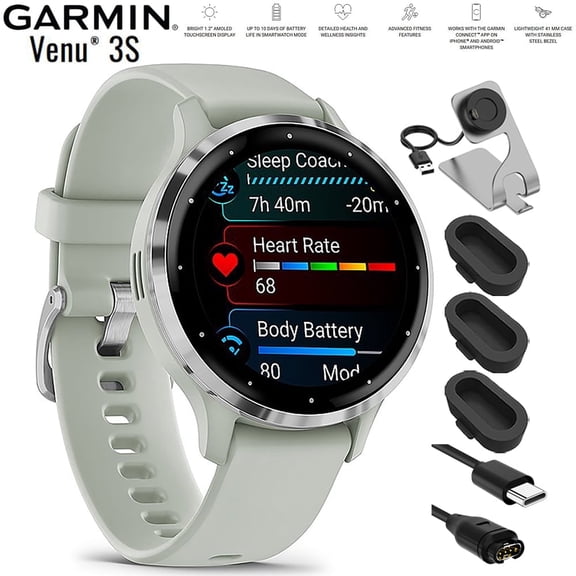 Garmin 010-02785-01 Venu 3S Health Fitness GPS Smartwatch Steel Bezel with Sage Gray Case 41mm Bundle with Charging Dock, Silicone Dust Cover 3 Pack and USB Type C Charging and Sync Cable