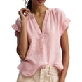 thumbnail image 4 of LEKODE Womens Linen Tops Cotton Gauze Tops Plain Workout Tops Peasant Blouses Loose Fit Tunic Short Sleeve Shirts Solid Summer Tops Bohemian Tops for Women Pink Xl, 4 of 7