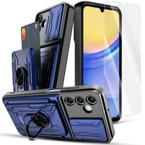 Venoro for Samsung Galaxy A15 5G Card Slot Holder Phone Case with Screen Protector with Slide Camera Lens Cover and Stand, Blue
