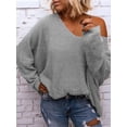 thumbnail image 4 of Women'S V Neck Long Sleeve Knit Loose Oversized Pullover Sweater Top Gray XS, 4 of 5