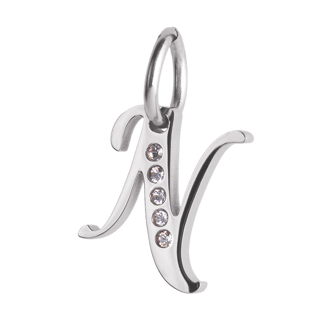 Charm para Pulsera LuckyLy, Dije Inicial Letra A, Acero Inoxidable y Zirconia Cúbica, Modelo Lizzy plateado Letra N