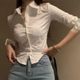 thumbnail image 2 of Long Sleeved Women's Solid Shirt Korean Sexy Slim Fit Waist Hugging Short Shirt Blouse Women Elegant Office Work Clothes, 2 of 5