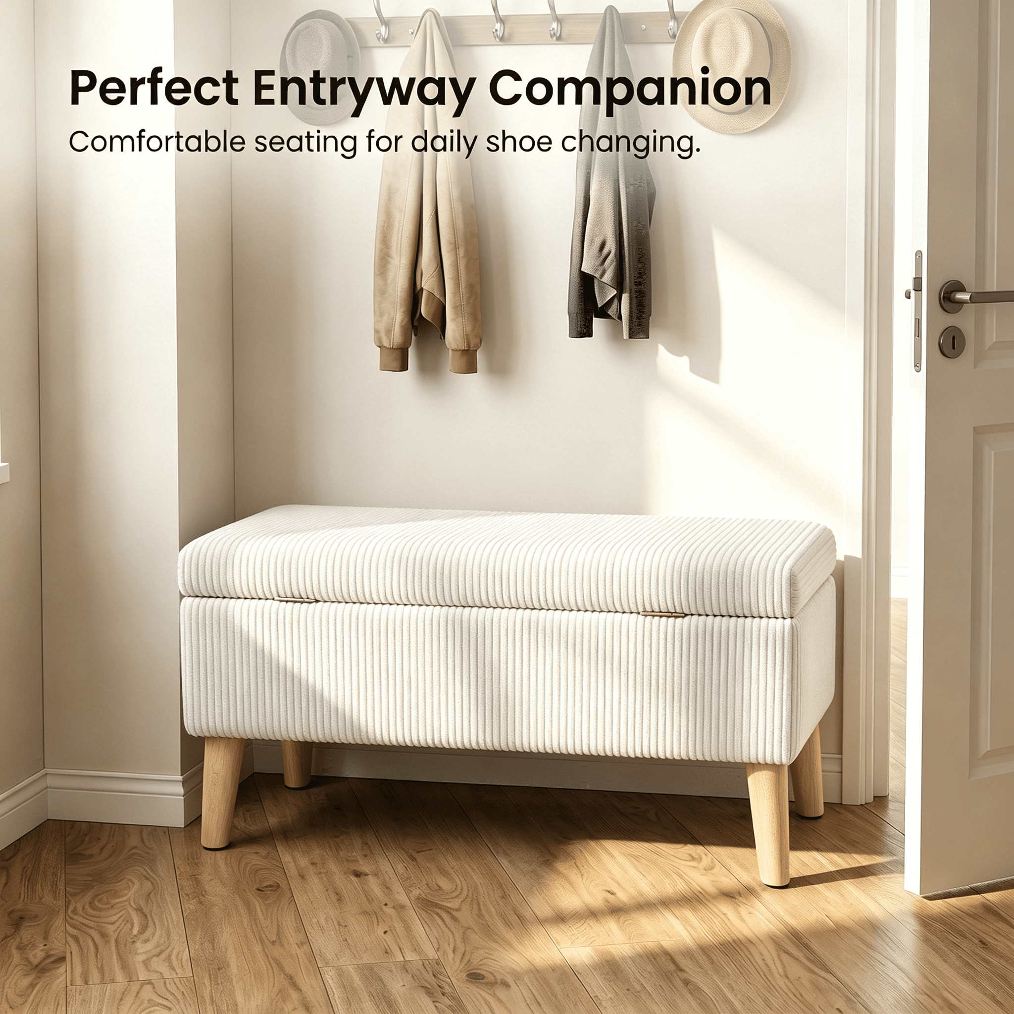 32 inch Wide Olive Beige Corduroy Storage Ottoman Bench with Wooden Legs, Flip-Top Storage Box, Soft Upholstered End of Bed Bench, Footrest & Shoe Bench for Bedroom, Living Room, Entryway