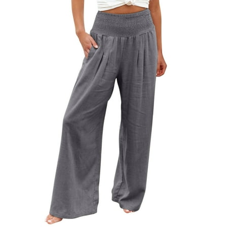 

Wefuesd Linen Pants For Women Pants For Women High Waist Wide Leg Palazzo Lounge Pants For Smocked Elastic Waist Loose Comfy Pajama Pants Pockets Women s Pants Grey 3XL