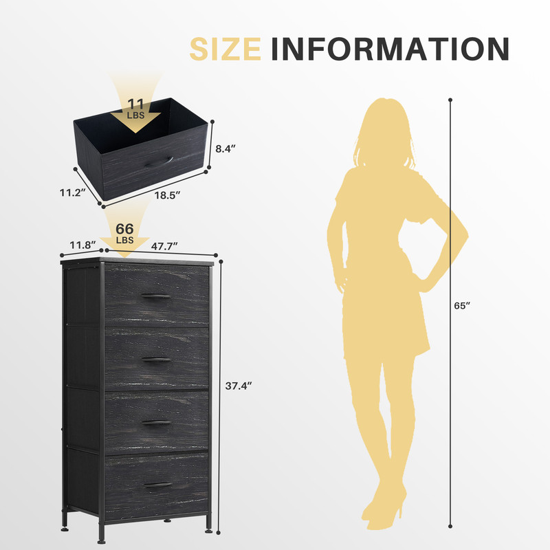 Simenmax 4 Storage Dresser for Bedroom, Wide Fabric Closet Chests Organizer Tower Furniture with Wooden Top Metal Frame for Bedroom, Living Room, Hallway, Entryway, Black Wood