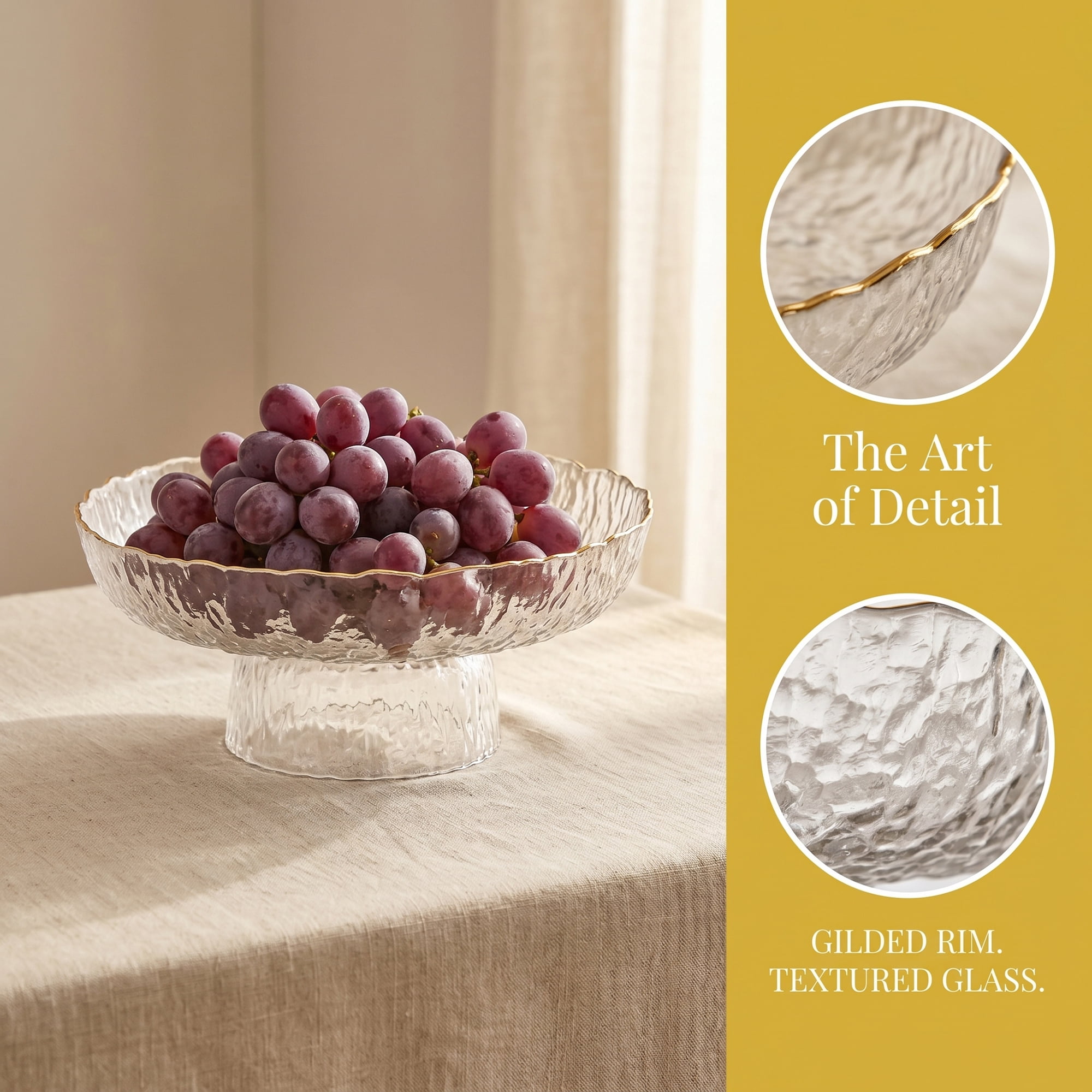 Unique Bargains Fluted Pedestal Bowl for Counter Ribbed Clear Gold 8.1"L x 8.1"W x 3.4"H
