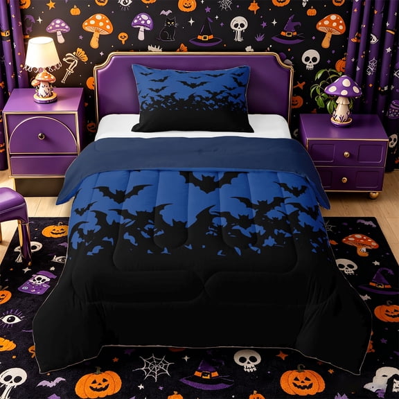 Manfei Spooky Flying Bat Twin Comforter Sets 2pcs, Halloween Theme Bedding Set, Blue Black,Navy Blue Reversible,1 Comforter and 1 Pillowcase