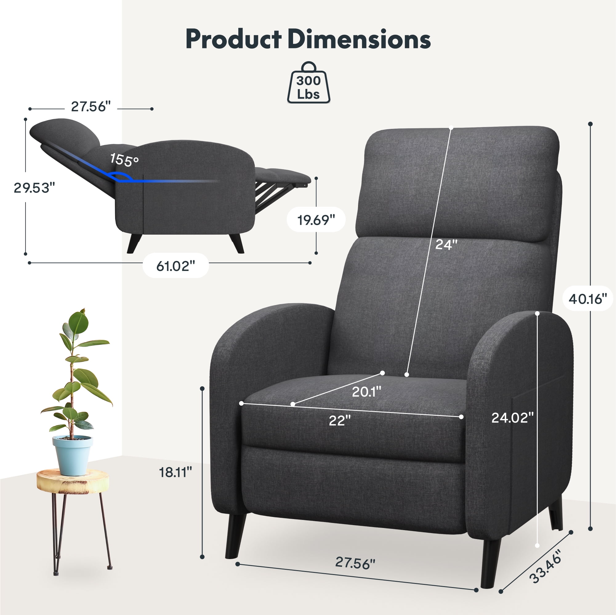 FLEXISPOT Pushback Recliner Chair Fabric Small Recliner Sofa Home Adjustable Reclining Chair Single Sofa with Padded Seat Backrest for Living Room,Gray