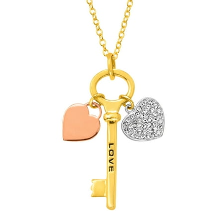 Crystal Gold Tone Pendant - Crystal Heart 'Love' Key Charm Pendant Necklace in 18kt Three-Tone Gold & Silver-Plated Brass