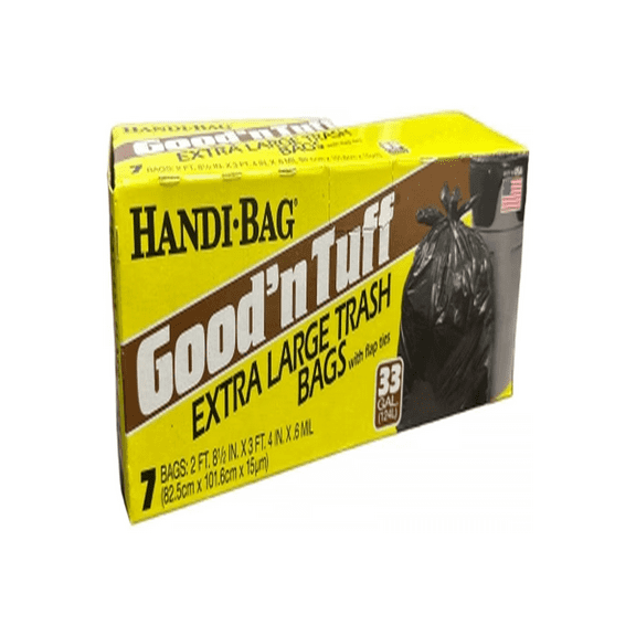 1 Pack Handi-Bag Good'n Tuff Extra Large Trash Bags with Flap Ties, 33 Gallon, 7ct