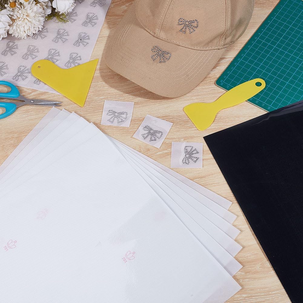 14Pcs Rhinestone Flock Sticky Template Material 8Pcs 12"x12" Rhinestone Heat Transfer Papers 4Pcs Flocking Heat Transfer Film and 2Pcs Plastic Scraper for Cloth DIY Design Mixed Color