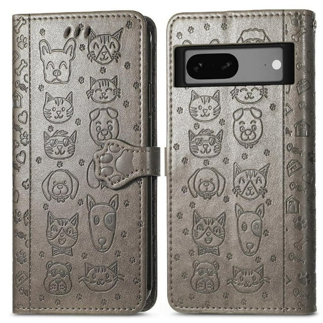 Funda Cartera FOXDOCK para Google Pixel 7 , Flip PU con Relieve de Gatos y Perros, Tarjetero y Soporte
