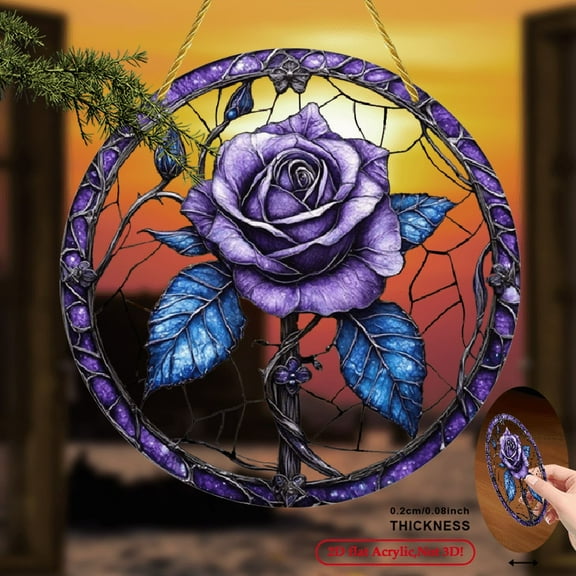 2D Flat, Vibrant Purple Rose Sun Catcher 20*20cm Hand-Painted Acrylic Window Hanging with Bohemian Style, Perfect for Mother's Day, Anniversaries & Home Decor.