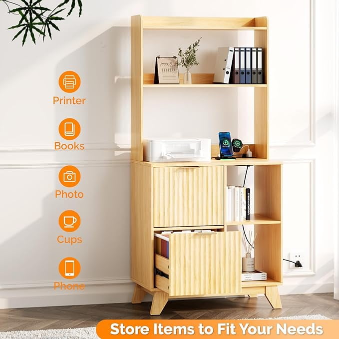 Ktaxon Wood 2 Drawer File Cabinet with Adjustable Shelves Charging Station Dresser Office Cabinet, Filing Cabinet with Socket, Printer Stand with Storage Shelves for Home Office Study