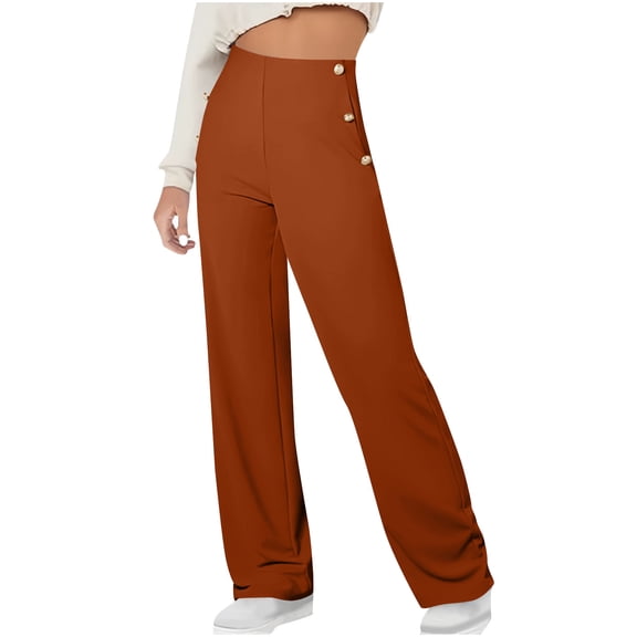 cocolona Womens Summer High Waist Casual Business Dress Pants Elastic Button Waist Straight Wide Leg Work Pants with Pocket