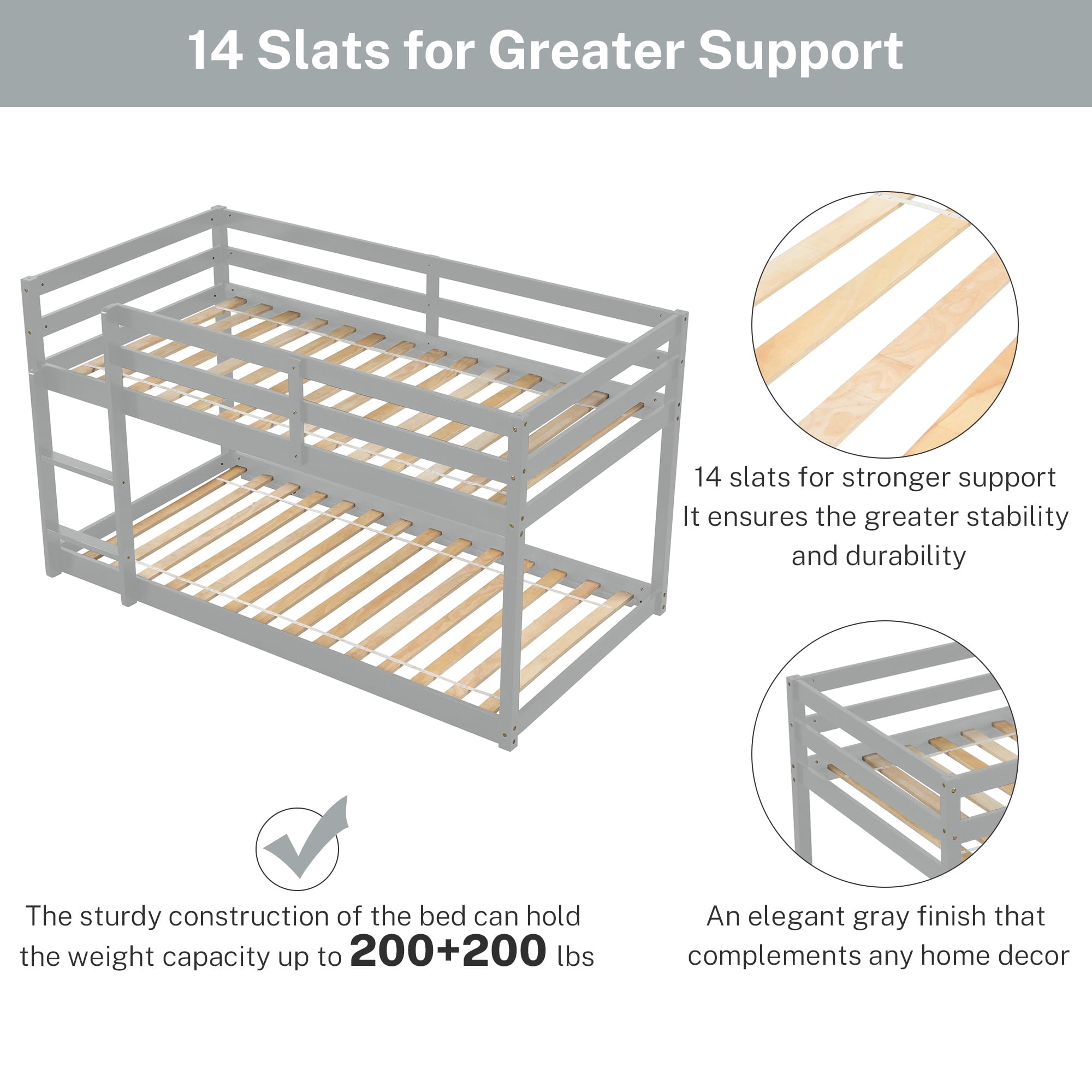 PORKISS Bunk Beds for Kids, Twin over Twin Floor Bunk Bed with Safety Rail and Ladder, Solid Wood Low Bunk Bed Frame for Boys Girls, No Box Spring Needed, Gray
