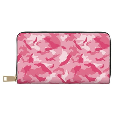 Leather Thin Slim Wallets for Women Men - Pink Camouflage Clutch Card Wallet for Women Men with Zipper