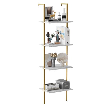 Ladder Shelf 4 Tiers Metal Industrial Bookshelf White Marble Wood Tall Open Storage Rack and Display Shelves Wall Mount Wide Book Case for Home Office Bedroom Small