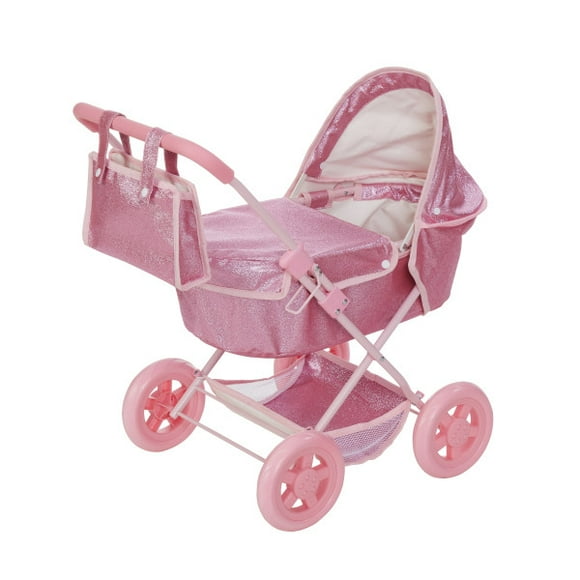 Teamson Kids Baby Doll Bassinet Pram with Cover with Retractable Canopy & Storage, Hot Pink Glitter
